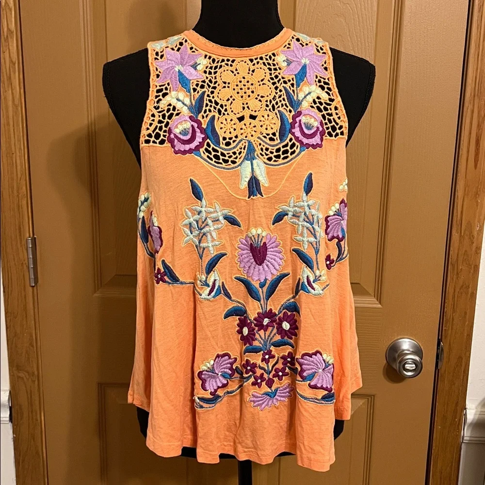 Free People Coral Crochet Neck Floral Embroidered Sleeveless Top